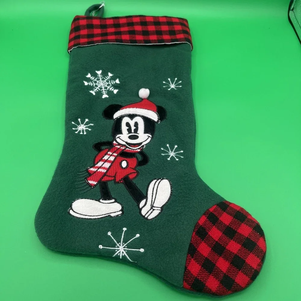 Disney embroidered Mickey‎ Mouse snowflakes, Christmas Stocking green/red/black